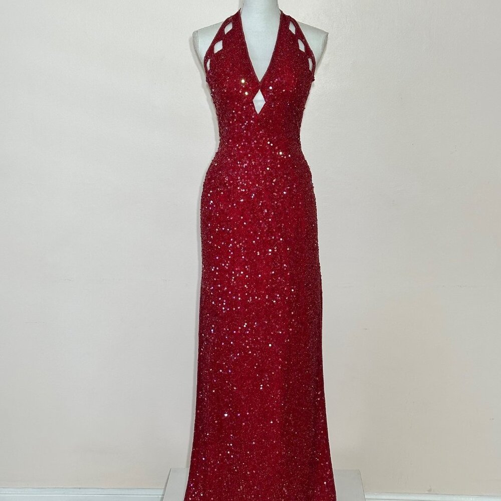 Scala Red Beaded And Sequin Halter Gown Size M - image 1